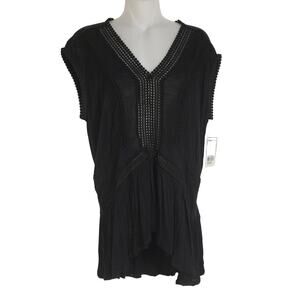 Relativity Womens Top Medium Black V Neck Cap Sleeves High Low Peplum Crochet